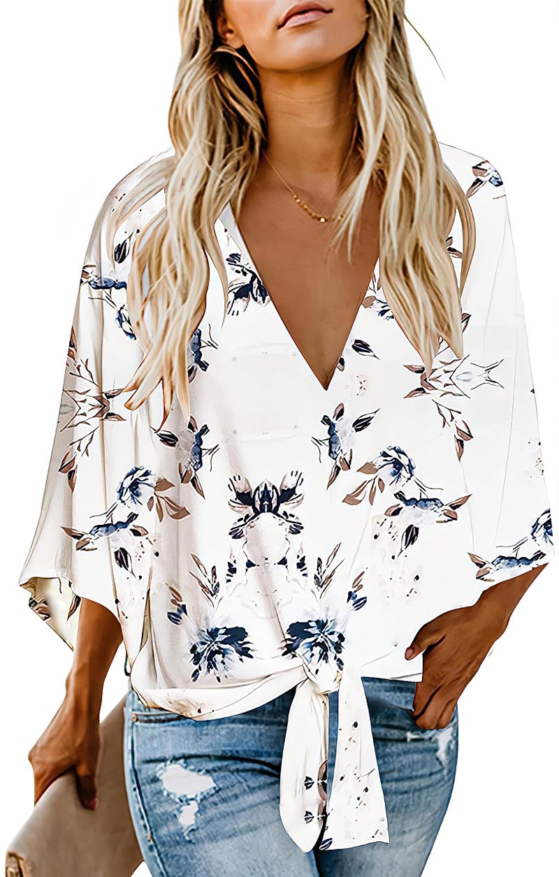 QegarTop Women's Casual Floral Blouse Batwing Sleeve Loose Fitting Shirts Boho Knot Front Tops White S - Image 1